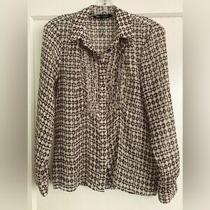 Zara Black and Cream Ruffled Long Sleeve Blouse M